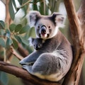A portrait of a mother koala cradling her baby in a eucalyptus tree1 Royalty Free Stock Photo