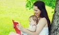 Portrait mother and little girl baby reading a book together on the grass in a summer park Royalty Free Stock Photo