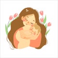 Portrait of a mother,with long hair, holding her child in her arms,and hugging tightly on a white background. Royalty Free Stock Photo