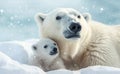 Portrait of mother polar bear with her cute cub in snow