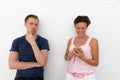 Portrait of mother and son together against white background Royalty Free Stock Photo