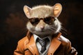 Mouse with sunglasses wearing leather jacket and tie on solid background. Generative AI