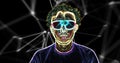 Portrait of a moving neon outline of a man's head in glasses in black space. The concept of a futuristic dance