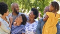 Portrait Of Multi-Generation Family Standing Outdoors In Garden Or Countryside Smiling At Camera Royalty Free Stock Photo