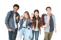 portrait of multiethnic group of excited students with backpacks