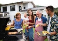 Portrait of multigeneration family outdoors on garden barbecue, grilling. Royalty Free Stock Photo