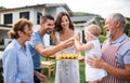 Portrait of multigeneration family outdoors on garden barbecue, grilling. Royalty Free Stock Photo