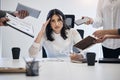 Portrait, multitask and an overworked business woman at work on a laptop in her office for a deadline. Technology