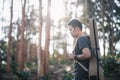 Portrait musician man with guitar at the forrest Royalty Free Stock Photo