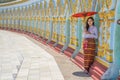 Myanmar woman at Umin Thonze Pagoda Sagaing hill Mandalay Myanmar Royalty Free Stock Photo