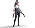 Portrait of a mysterious steampunk woman gunslinger holding two shotguns on an isolated white background