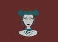portrait of the mythological creature Medusa Gorgon with bright make-up on a burgundy background, poisonous snakes instead of hair