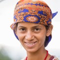 Portrait nepalese woman in traditional dress on the street Pokhara, Nepal