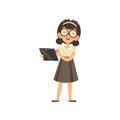 Portrait of nerd girl with cheerful face expression. Cartoon female character holding tablet in hand. Kid in glasses