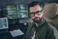 Portrait of nerd guy web content editor write hacking code password debugging solution sit desk in workspace Royalty Free Stock Photo