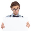 Portrait, nerd and man with poster in studio for mockup isolated on a white background. Board, glasses and male person