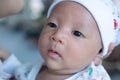 Portrait of a newborn baby infant hold close by mother in the garden, close up. Family