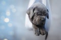 Portrait of a newborn gray cane corso puppy sleeping in a hammock Royalty Free Stock Photo