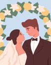 Portrait Of Newly-married Love Couple At Wedding Flower Arch. Marriage Of Man And Woman. Bride In Bridal Vein And Dress