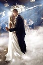 Portrait of newlyweds first wedding dance. Just married couple dancing in darkness. Groom holds bride& x27;s hand dancing Royalty Free Stock Photo