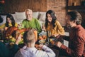 Portrait of nice attractive adorable cheerful family small little kids meeting eating domestic tasty yummy dishes turkey