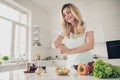 Portrait of nice attractive cheerful wavy-haired lady making healthy weightloss vitamin tasty yummy delicious dinner Royalty Free Stock Photo