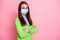 Portrait of nice attractive girl geek teacher folded arms wear medical mask isolated pink pastel color background