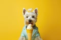 Portrait nice dog dog eating ice cream. west highland white terrier Generative AI