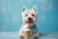 Portrait nice dog dog eating ice cream. west highland white terrier Generative AI