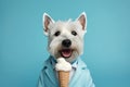 Portrait nice dog dog eating ice cream. west highland white terrier Generative AI