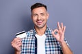 Portrait of nice excited guy have promo advertise he his choose choice decide decision recommend wear checkered shirt Royalty Free Stock Photo