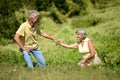 Portrait of nice mature couple on green grass in summer park Royalty Free Stock Photo