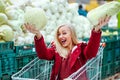 Pretty young hipster woman sitting in a supermarket trolley at the supermarket Royalty Free Stock Photo