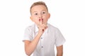 Portrait of nice schoolboy boy with silence gesture over white background Royalty Free Stock Photo