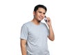 Portrait of nice young asian man talking on mobile phone, speak happy smile Royalty Free Stock Photo