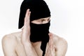 Portrait of ninja man in a black mask on white background