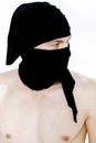 Portrait of ninja man in a black mask on white background