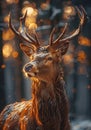 Portrait of noble deer with big horns and beautiful big eyes in the winter forest Royalty Free Stock Photo