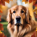 A portrait of a noble golden retriever against a backdrop of autumn leaves3