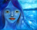 Blue girl and the sea Royalty Free Stock Photo