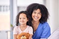 Portrait, nurse and child on bed in hospital for children, health and support in expert medical treatment. Pediatric