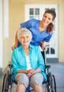 Portrait, nurse or happy senior woman in wheelchair in hospital clinic helping an elderly patient for support. Trust Royalty Free Stock Photo