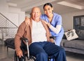 Portrait, nurse and man with disability in wheelchair for medical trust, wellness advice and support at home. Happy