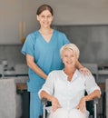 Portrait, nurse and senior woman in wheelchair in home kitchen, support and comfort. Happy caregiver, elderly person Royalty Free Stock Photo