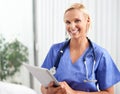 Portrait, nurse and tablet in hospital for healthcare service, research and planning on clinic software. Face of woman Royalty Free Stock Photo