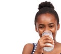 Portrait, nutrition and black woman drinking milk, healthy diet or wellness isolated on white studio background. Face Royalty Free Stock Photo