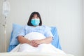 Portrait of an obese female patient in a mask lying on a hospital bed.