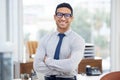 Portrait, office and business man with arms crossed in legal career, law firm and professional mindset. Happy worker Royalty Free Stock Photo