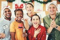 Portrait, office and people in a Christmas party in celebration of a holiday as happy employees with diversity. Smile