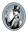 Portrait of old-fashioned, elegant gentleman wearing a cylinder hat with the wine glass in his hand, vintage vector illustration.